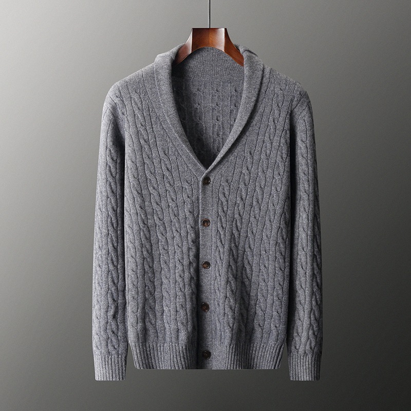 正品纯山羊绒开衫秋冬新款青果领扭花针织毛衣宽松休闲外套加厚男