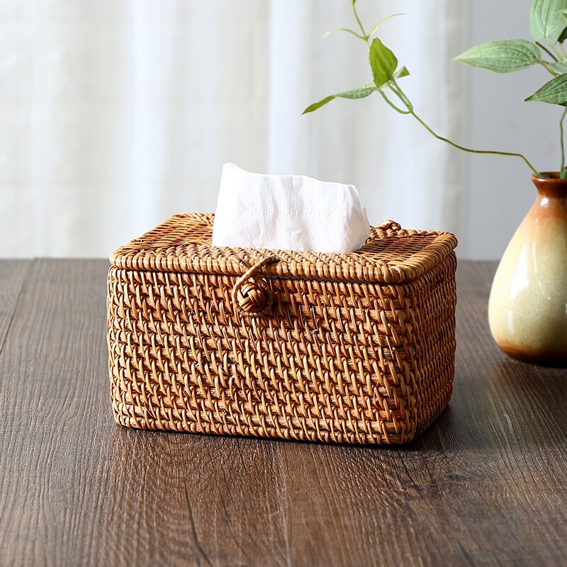 Cross-Border Handmade Chinese-Style Rattan Tissue Box, Hand-Woven Tea Room Tissue Box, Napkin Box, Tissue Cover, High-End Tissue Holder