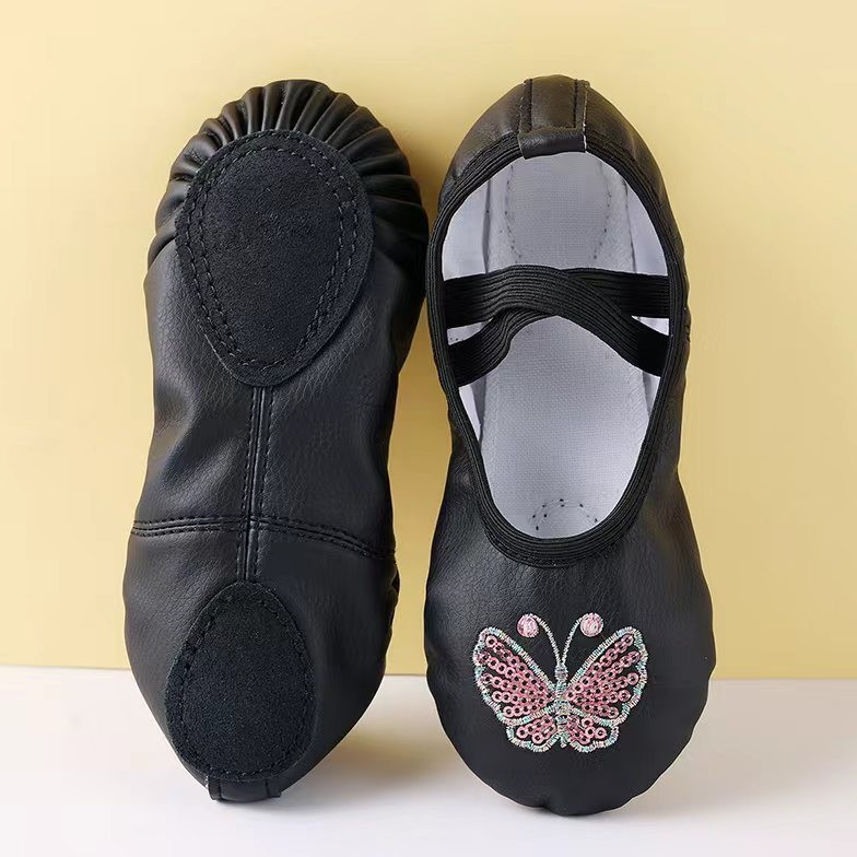 Pu Leather Flower Butterfly Hand-Sewn Diamond Dance Shoes Kidsren's Soft Sole Practice Adult Ballet Cat Claw Non-Slip and Wear-Resistant