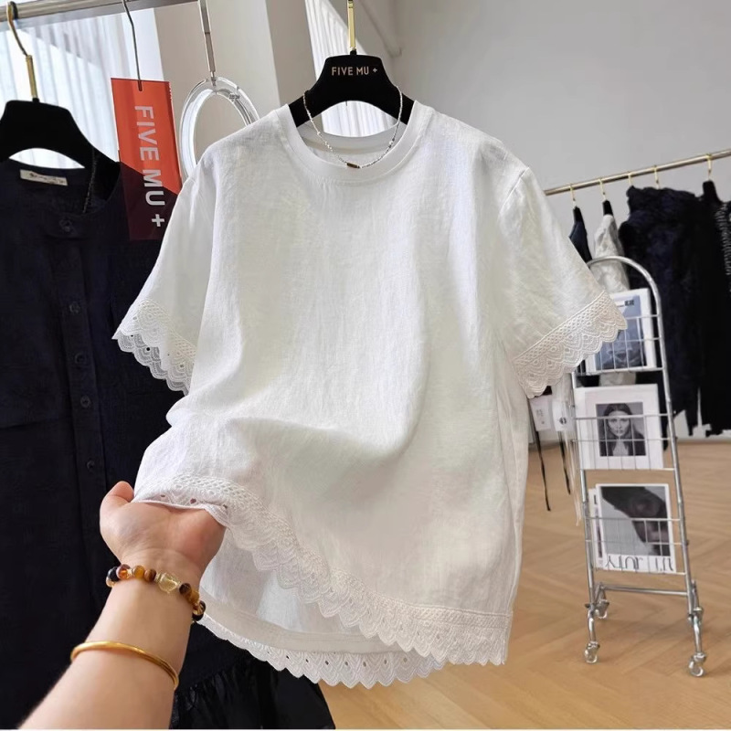 Cross-Border Solid Color Plus Size 120kg High-End Short-Sleeve T-Shirt Women's Summer Lace Trim Stylish Loose Top