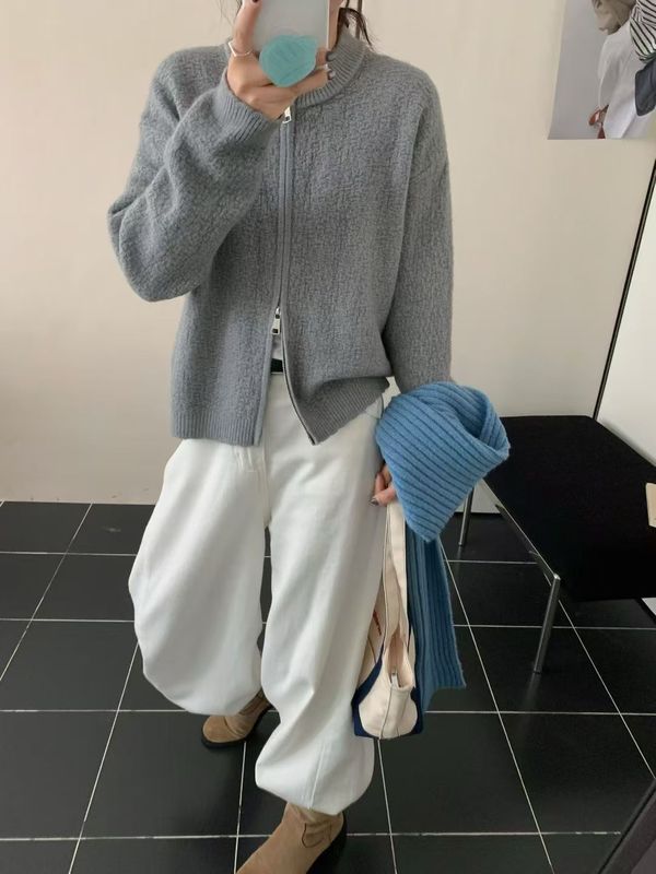 2025秋冬新款双拉链纯色针织开衫女韩版软糯宽松温柔风毛衣外套潮|undefined