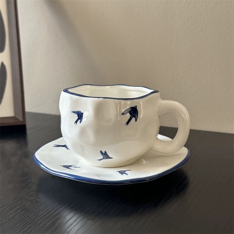 Ceramic coffee cup set INS Japanese retro, hand-painted irregular saucer, vintage style