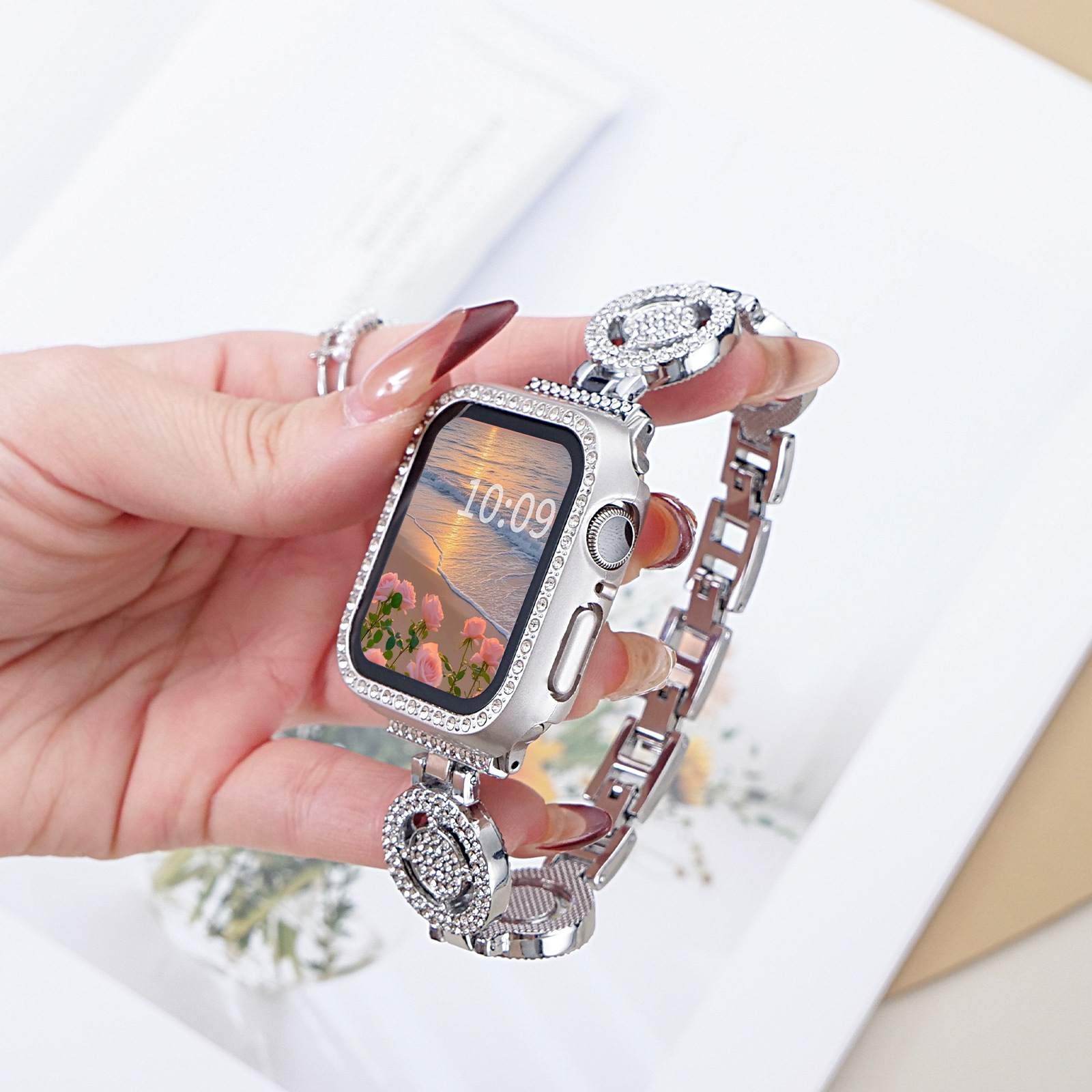 Microphone Diamond-Encrusted Suitable for Apple Iwatchs11 Watch Strap Metal Applewatchs10/9/8 Watch Wristband