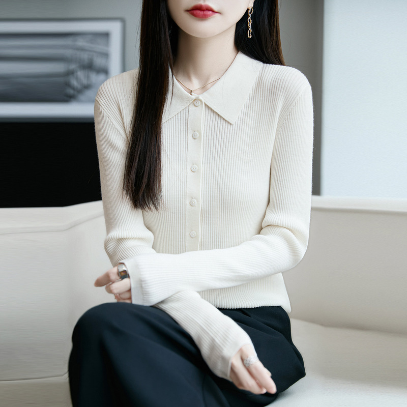 秋冬新款100纯羊毛长袖针织开衫外套女POLO领坑条修身打底衫毛衣|undefined