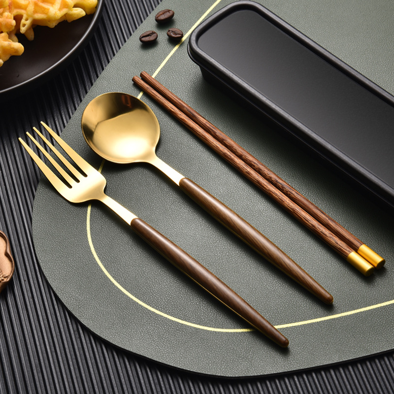 Chopsticks spoon set stainless steel portable tableware student storage box fork household single wooden chopsticks three-piece set