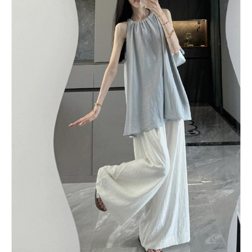 Korean-style sportswear set for women, 2026 summer fashion, elegant, sleeveless top and wide-leg pants, casual two-piece set