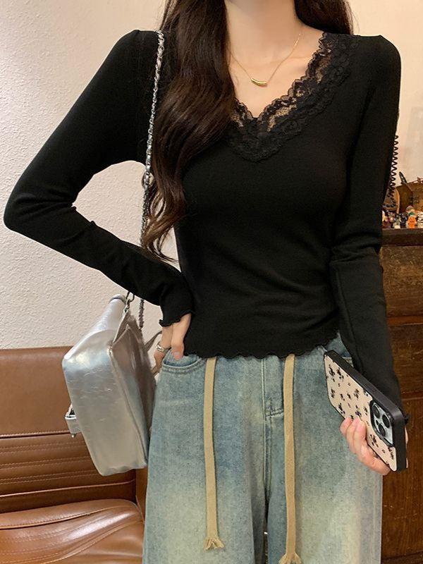 欧货V领蕾丝花边打底衫女内搭2025秋冬季新款修身显瘦小众上衣潮|undefined