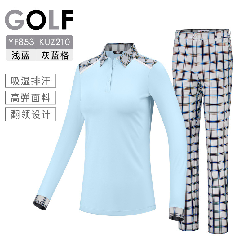 [Áo sơ mi xanh nhạt và quần ca rô xanh xám] Bộ đồ caddie nữ YF853 KUZ210
