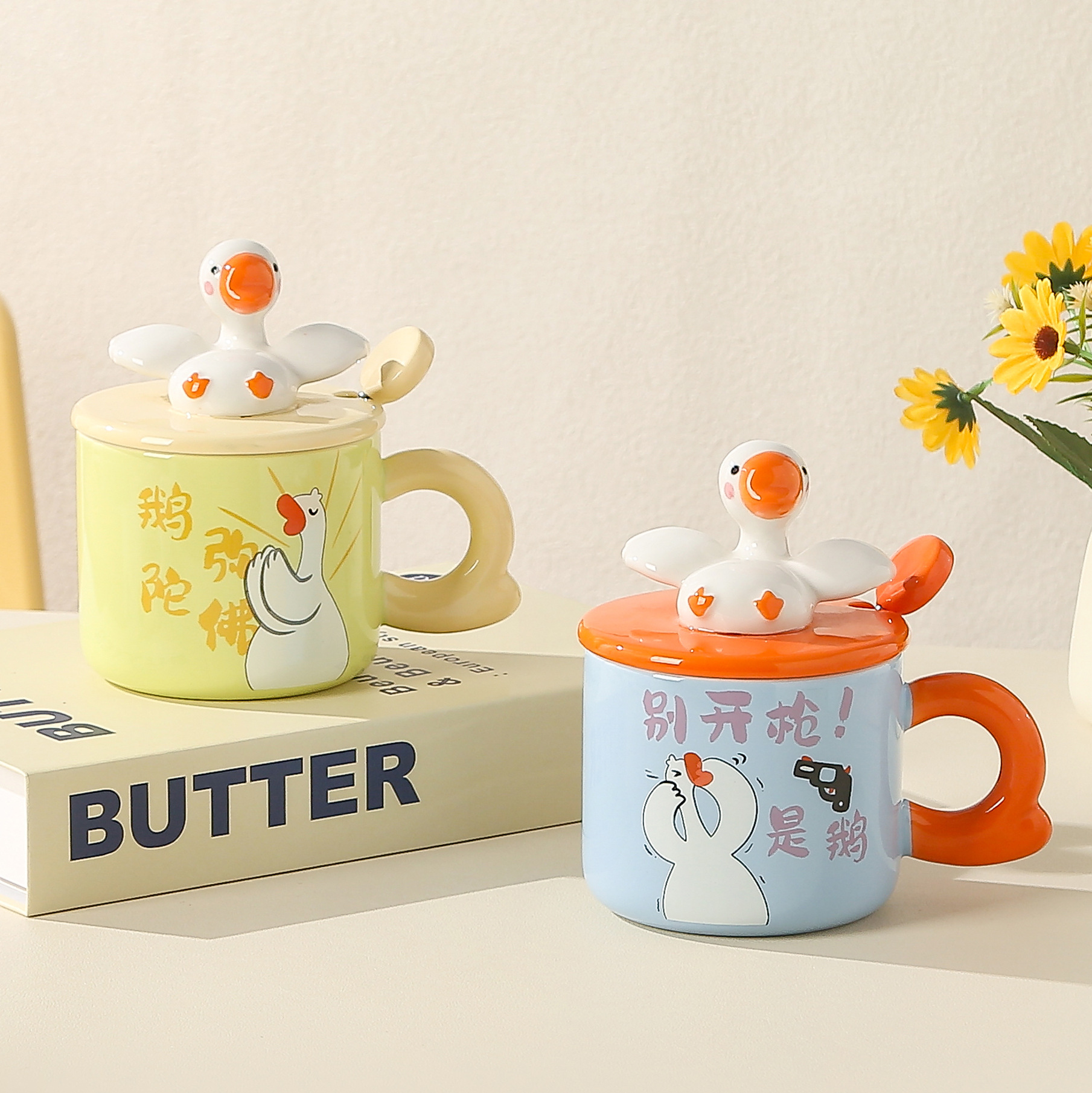 Personalidad creativa encantadora ganso caricatura taza con cubierta cuchara acompañante regalo de mano taza de agua taza de café muñeca