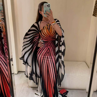 亚马逊跨境新款挂脖条纹渐变个性蝙蝠袖时尚连衣裙修身包臀礼服裙