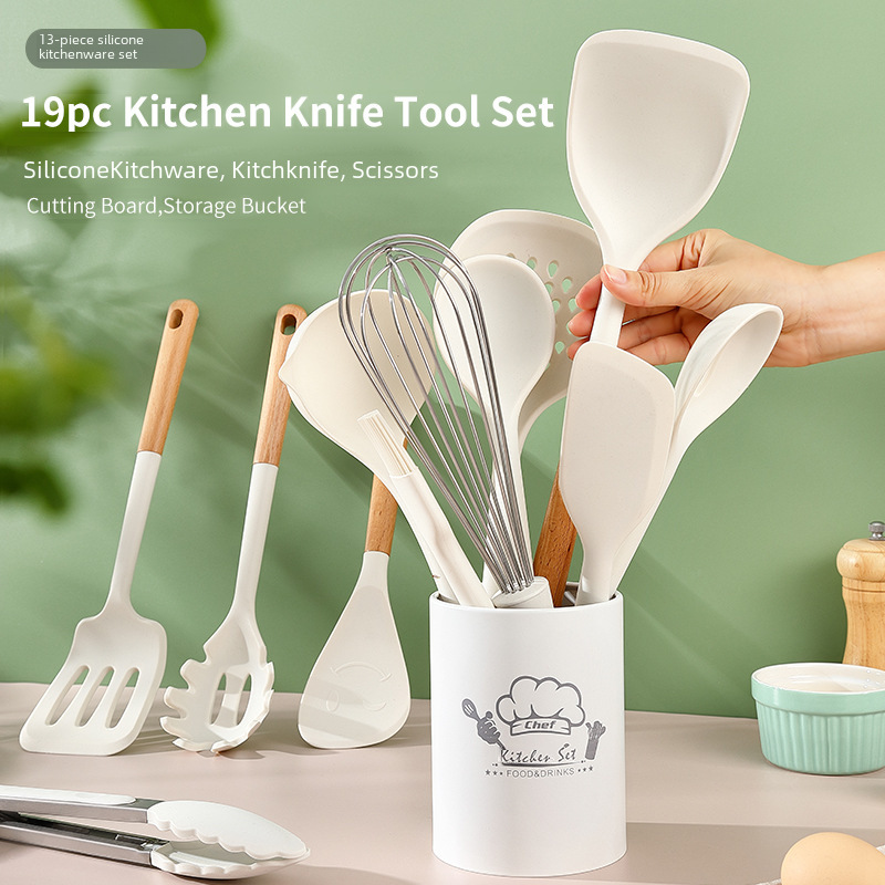 Nordic minimalist style silicone kitchen set of 12 pieces with wooden handles, cream-colored silicone spatulas and scrapers, heat-resistant soup spoons