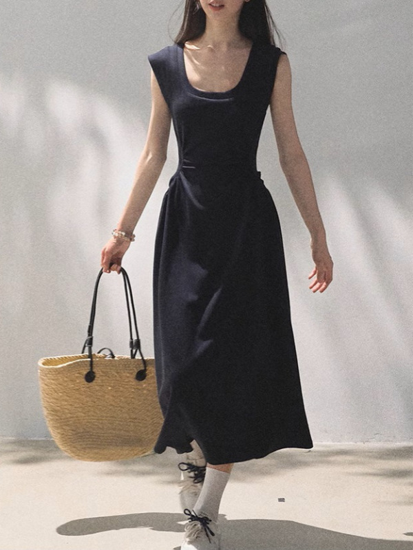 Oakmo Basic* Xiaodao's Summer Lyocell Uネック肌に優しいデイリー直角肩ウエストドレス|undefined