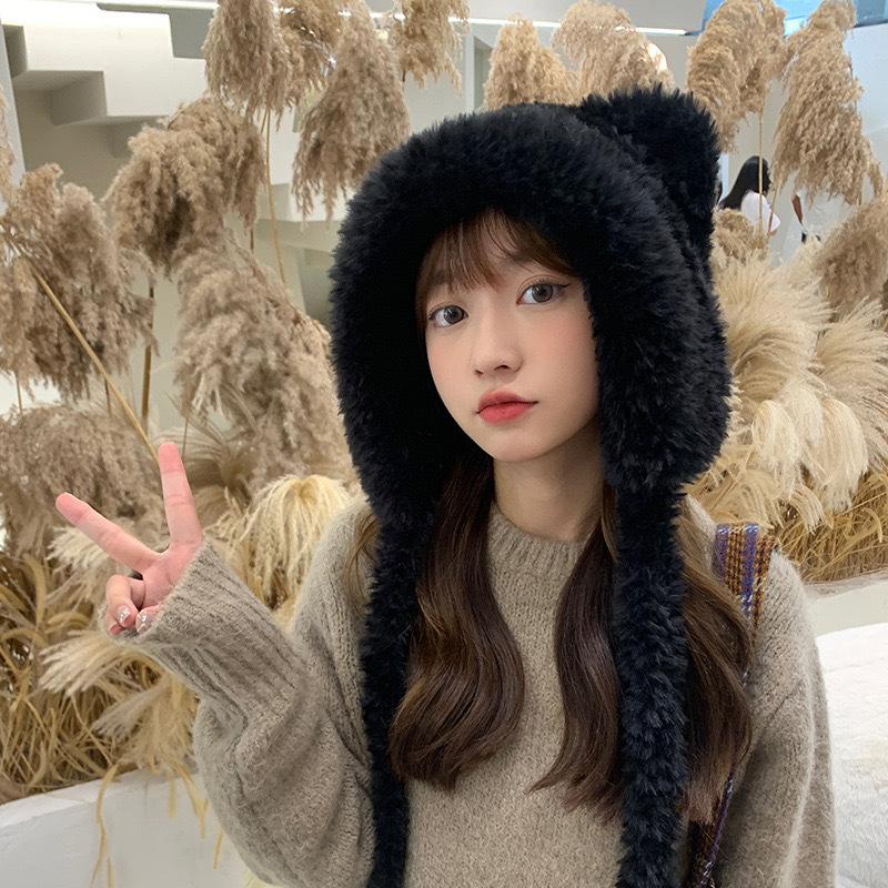 冬の韓国版のかわいいベルベットのひもの毛の帽子の子供の漫画の耳のニットの帽子の保温の耳の帽子の毛糸の帽子|undefined