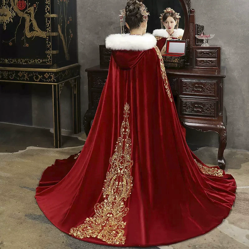 Xiuhe одежда плащ Красный Свадебный шаль для волос в китайском стиле плащ ханьфу теплый утолщенный воротник для волос зимний плащ