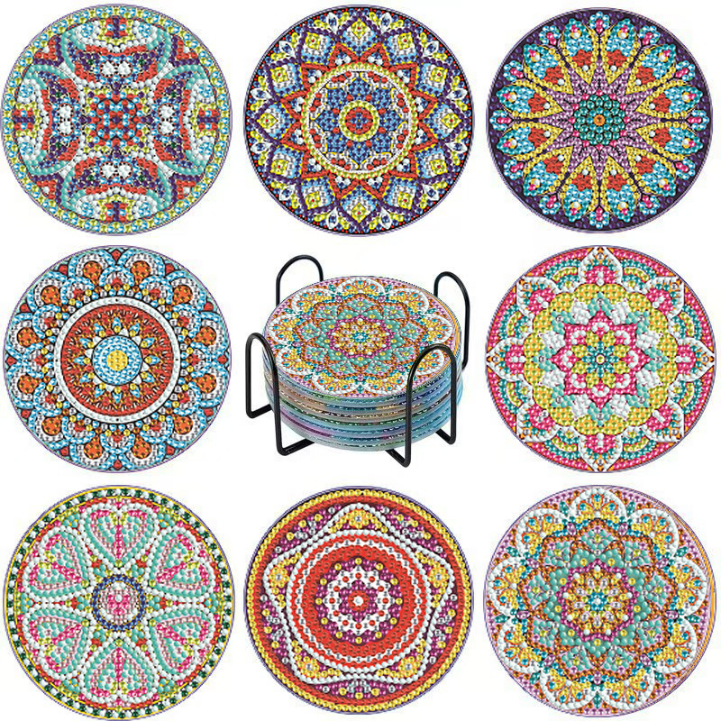 Posavasos de pintura de diamantes de diamantes de diamantes completos transfronterizos hechos a mano almohadilla de aislamiento térmico de diamantes de punto de acrílico redondo de bricolaje fondo de corcho antideslizante posavasos