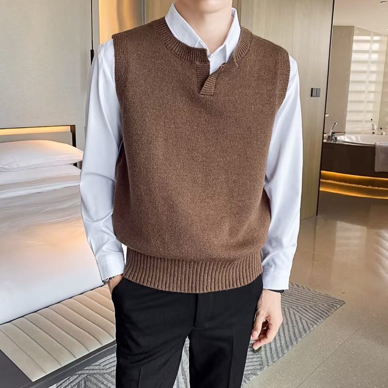 Light mature men's high-grade sleeveless sweater trendy autumn round neck fashionable brown knitted vest sweater