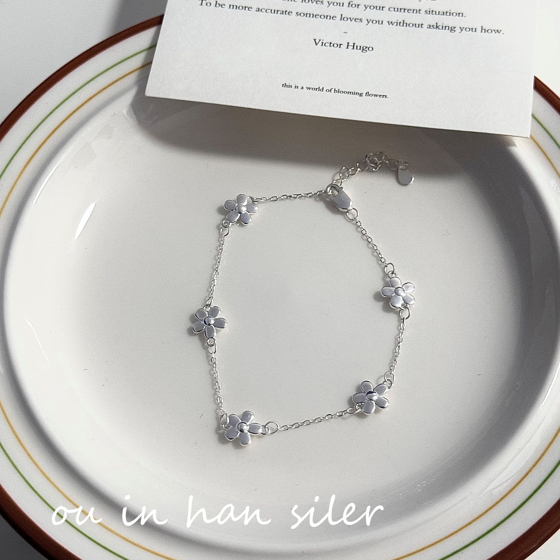 欧尼 韩版S925纯银花朵链条手链女小众设计ins甜美风五朵花瓣手饰