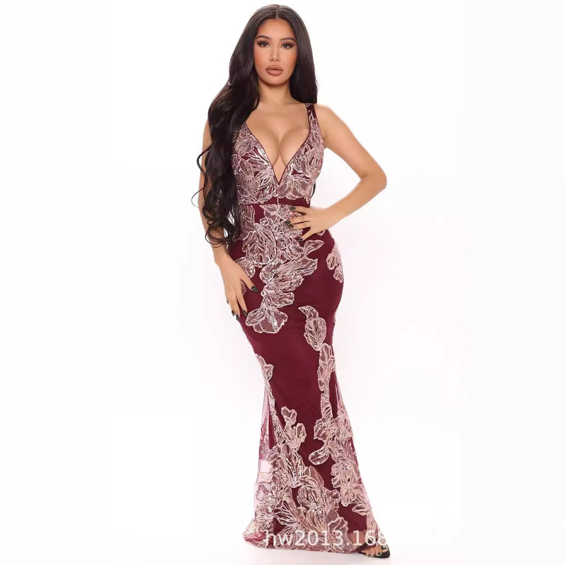 Foreign Trade Sexy European and American Cross-border Women's Clothing Perspective Sequin Flower Net Stitching Sleeveless V-neck Sexy Slim-fit Long Dress