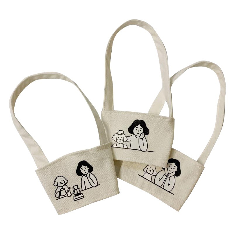 Bolsa de té de leche lienzo perro de dibujos animados ilustración taza de agua cubierta bolsa de lona bolsa de teléfono móvil bolsa repetida mano llevar cubierta de la taza