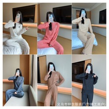 千叶长袖长裤套装百褶字母刺绣薄款家居服女士宽松休闲可外穿睡衣