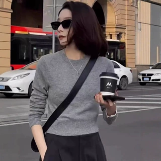 欧货灰色内搭打底衫女秋冬羊绒羊毛毛衣短款修身高级感针织衫上衣