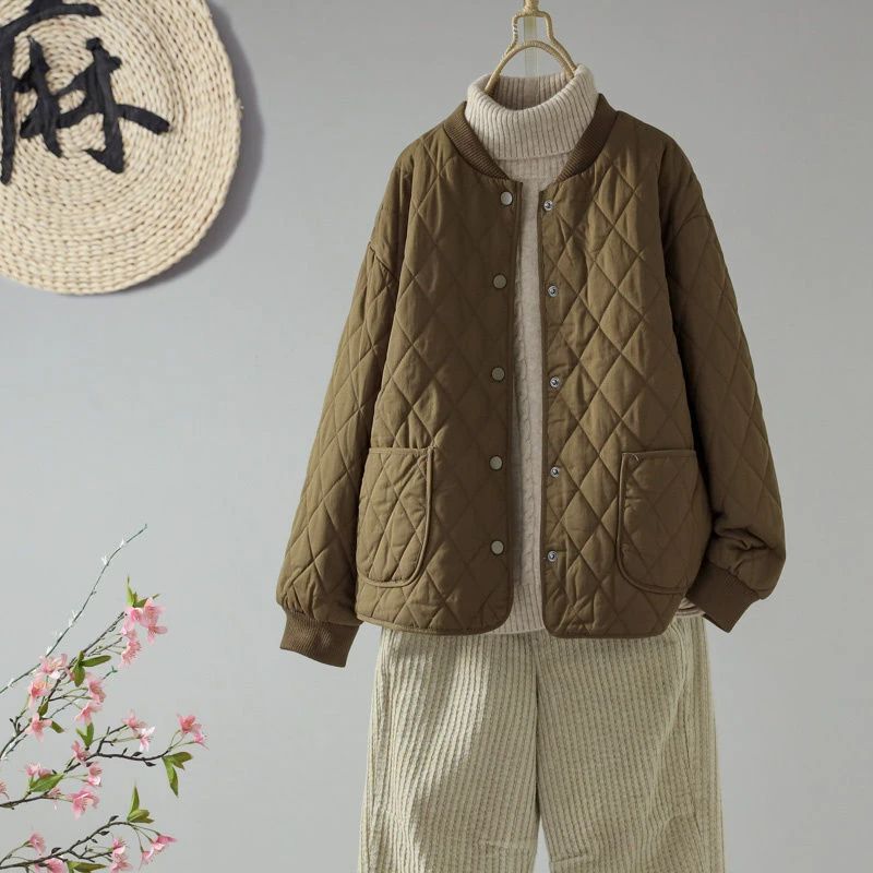 Women's Quilted Jacket 2025 Autumn and Winter New Short Top Loose Fashion Solid Color Lightweight Cotton Coat