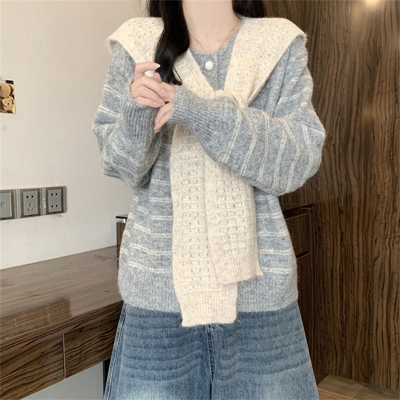 韩系撞色条纹圆领披肩针织开衫女秋冬新款宽松大码慵懒风毛衣外套|undefined