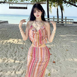新款彩色条纹挂脖钢托聚拢裙式比基尼三件套辣妹少女度假风游泳衣