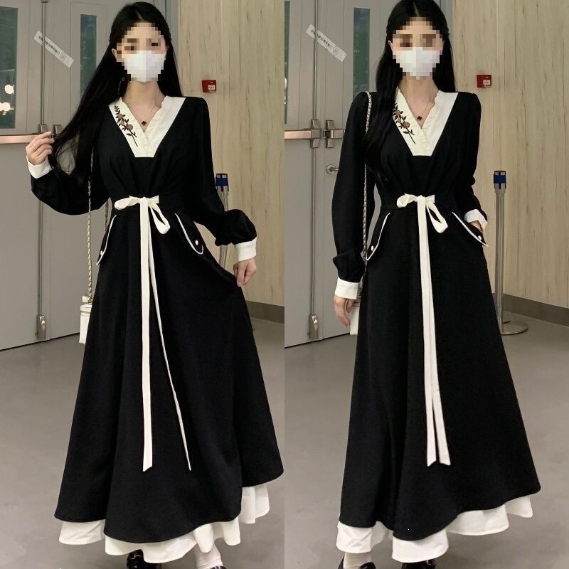 2026 Spring New Style Chinese-Style Dress Plus Size A-Line Design with Puff Sleeves Extra Long for a Minimalist Look m
