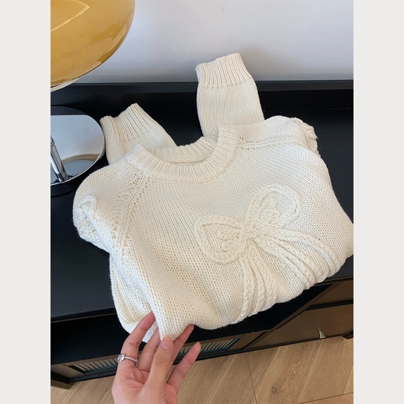 韩系甜美手工蝴蝶结短款圆领毛衣女秋冬重工粗针百搭套头针织上衣|undefined