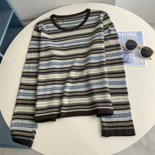 早秋新款民族风套头毛衣韩版撞色宽松条纹针织衫女百搭洋气上衣潮