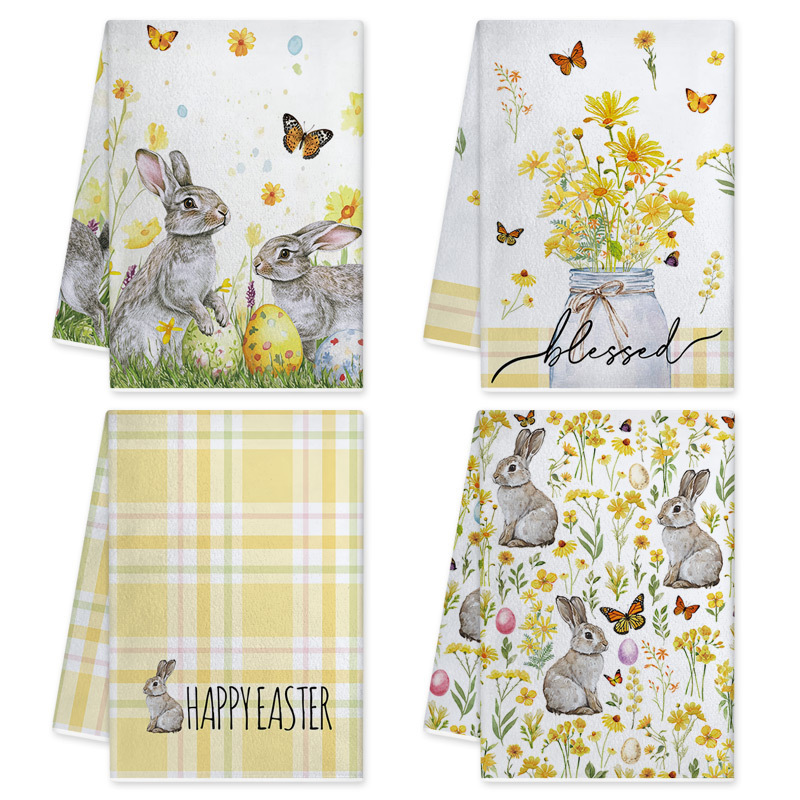 Cross-Border Easter Towel with Rabbit, Egg, and Butterfly Print, Absorbent and Soft Kitchen Towel, Holiday Gift Dish Towel Cross-Border Easter Towel with Rabbit, Egg, and Butterfly Print, Absorbent and Soft Kitchen Towel, Holiday Gift Dish Towel