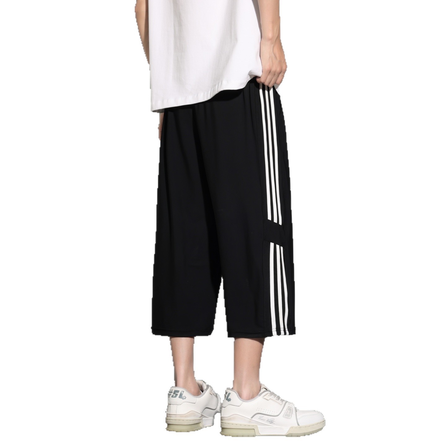 Pantalones de hielo para hombres de verano delgados deportivos de tres barras pantalones cortos gordo sueltos y pantalones casuales de hombre de tamaño grande