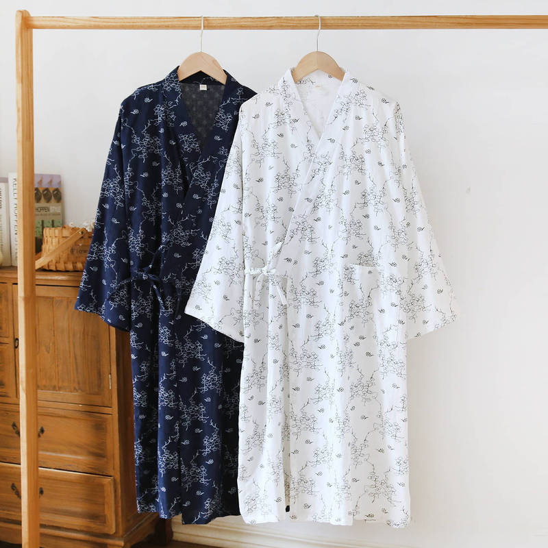 Men's Japanese-Style Kimono Robe, Pure Cotton Gauze, Lucky Star Sauna Bathrobe, Palace-Style Hanfu Home Robe