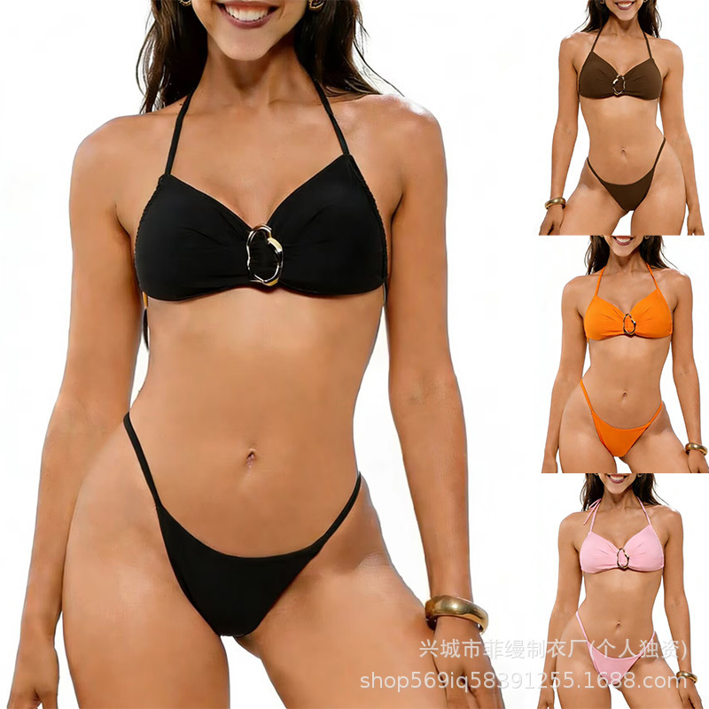 Halter Neck Three-Piece Bikini European and American Style Solid Color Simple Hot Girl Swimwear Hot Spring T-Pants Two-Piece Swimsuit Women's Bikini