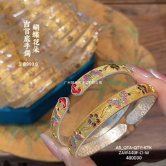 福氏ジュエリー 純銀999.9金彩蝶花銀ブレスレット エナメル吉祥言葉入り ソリッドオープンシルバーブレスレット