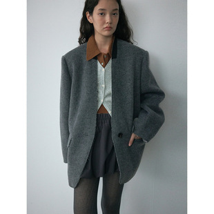 [Daihe] Winter New Casual Wool Simple Loose V-Neck Buckle Long Contrast Color Suit H7698