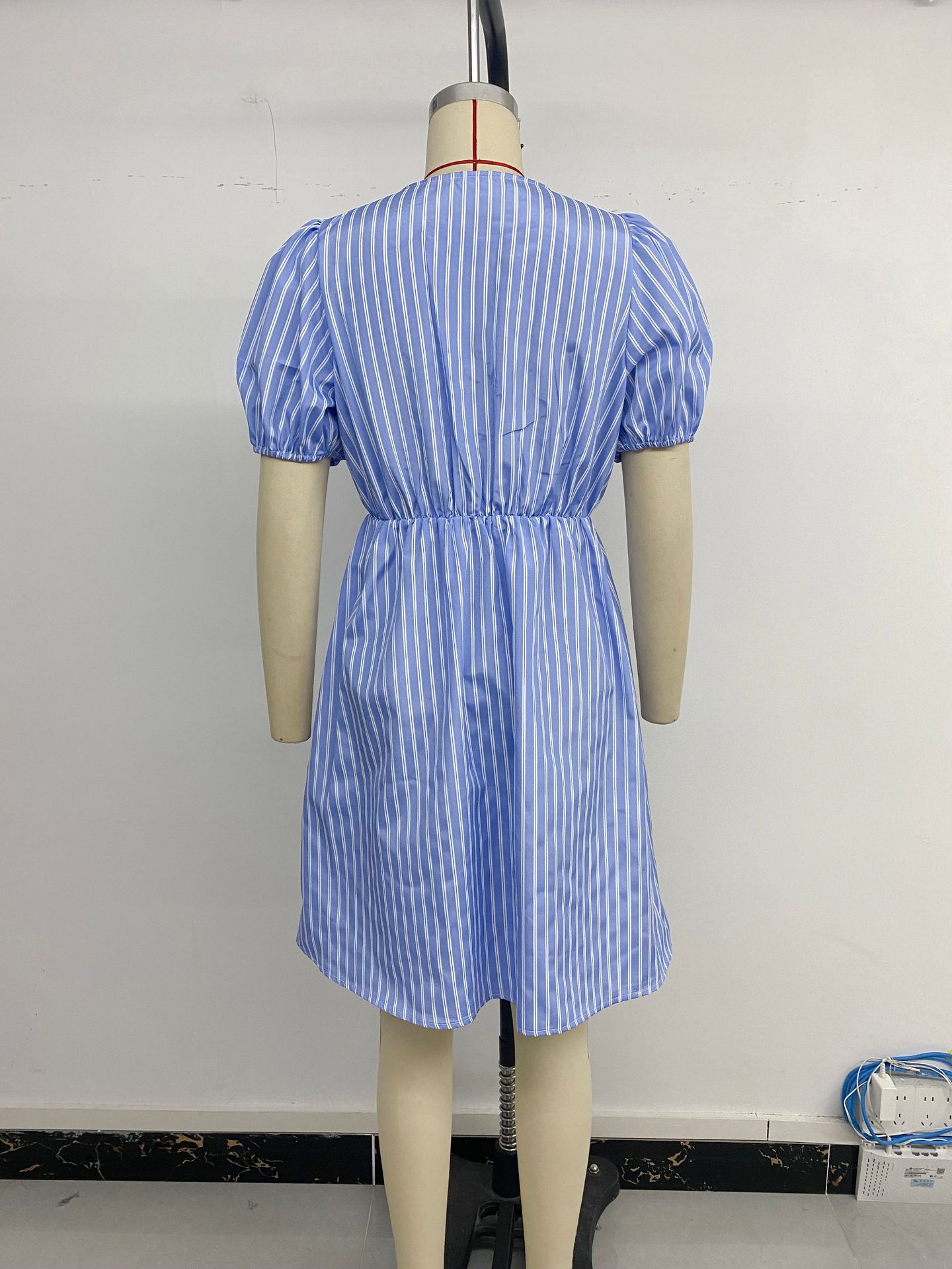 Summer Striped Dress round Neck Bowknot Lace up Dress