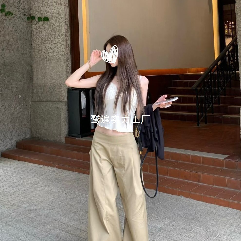 夏季显瘦百搭设计感慵懒风直筒卡其宽松阔腿裤时尚通勤休闲长裤女