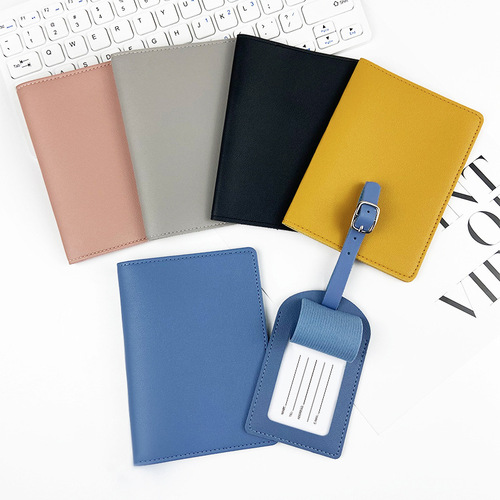 Cross-border 11-color thick pu leather customizable LOGO passport holder passport cover with paper card luggage tag set