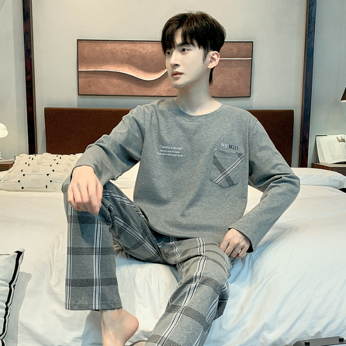 2023 Otoño e Invierno pijamas hombres con cuello en V manga larga traje suelto casual juventud hogar desgaste simple Traje a cuadros