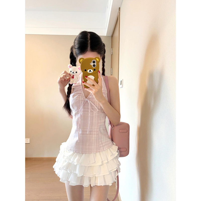 纯欲风甜美套装女夏季系带修身条纹挂脖上衣百搭蛋糕短裙|undefined