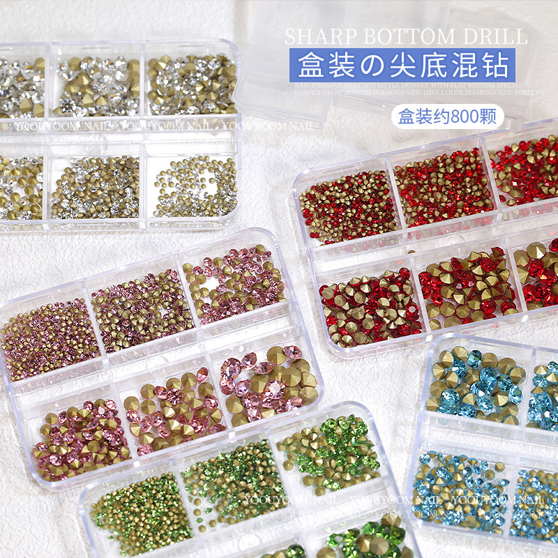 New net red nail art diamond pointed bottom color glass rhinestone wholesale diy pile drill nail decorations boxed