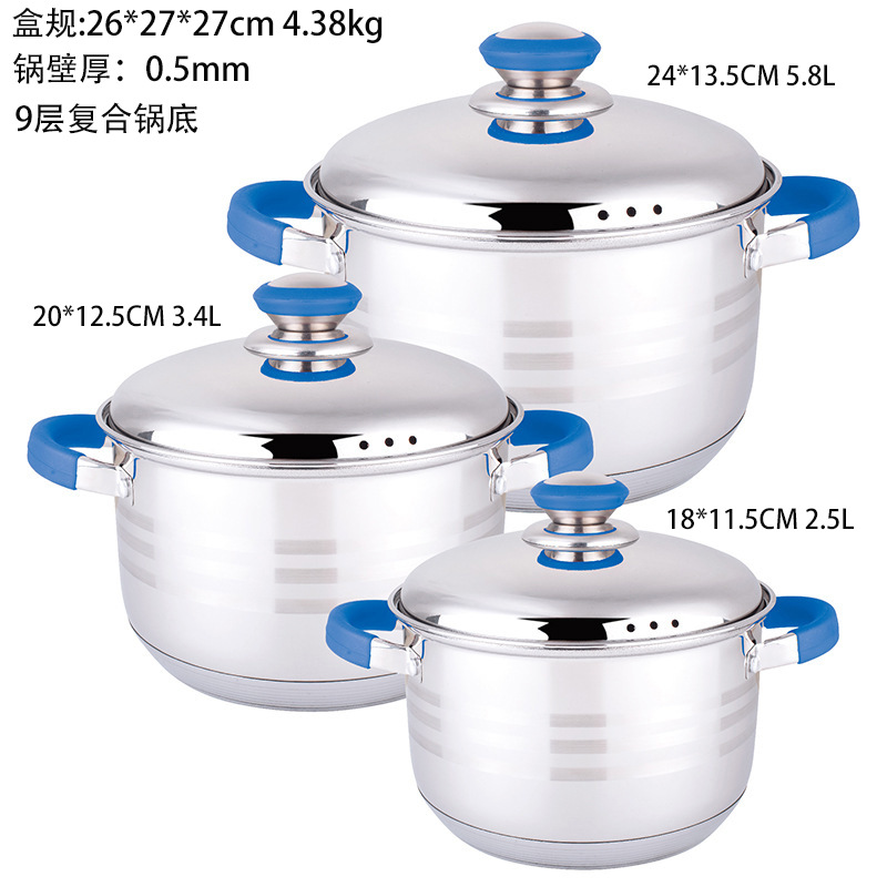 Juego de utensilios de cocina de acero inoxidable 201 de grado alimenticio, olla para guisos con doble asa, olla para sopa, juego de tres piezas, fondo compuesto de 9 capas, mango de goma