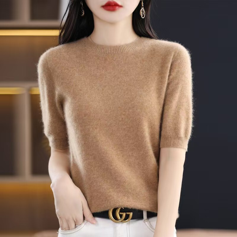 针织短袖薄款上衣女T恤2025春秋半袖羊毛打底衫圆领中袖宽松批发|undefined