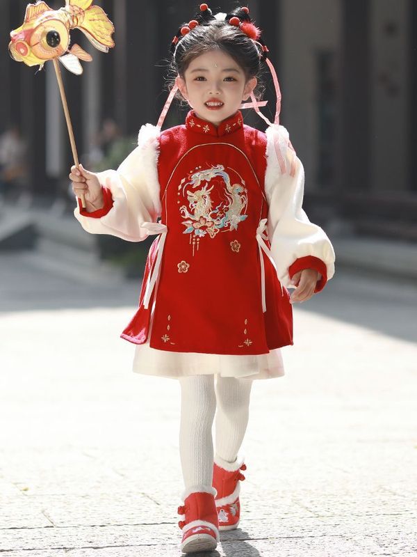 女の子の新年の服冬の子供の唐装の漢服の厚いスーツの中国風の女の赤ちゃんの竜年の正月の服の新型|undefined