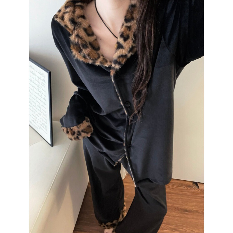 Korean Style High-End Leopard Print Warm Island Velvet Pajamas for Women Winter New Large Size Thickeneded Velvet Home Clothes Set Korean Style High-End Leopard Print Warm Island Velvet Pajamas for Women Winter New Large Size Thickeneded Velvet Home Clothes Set