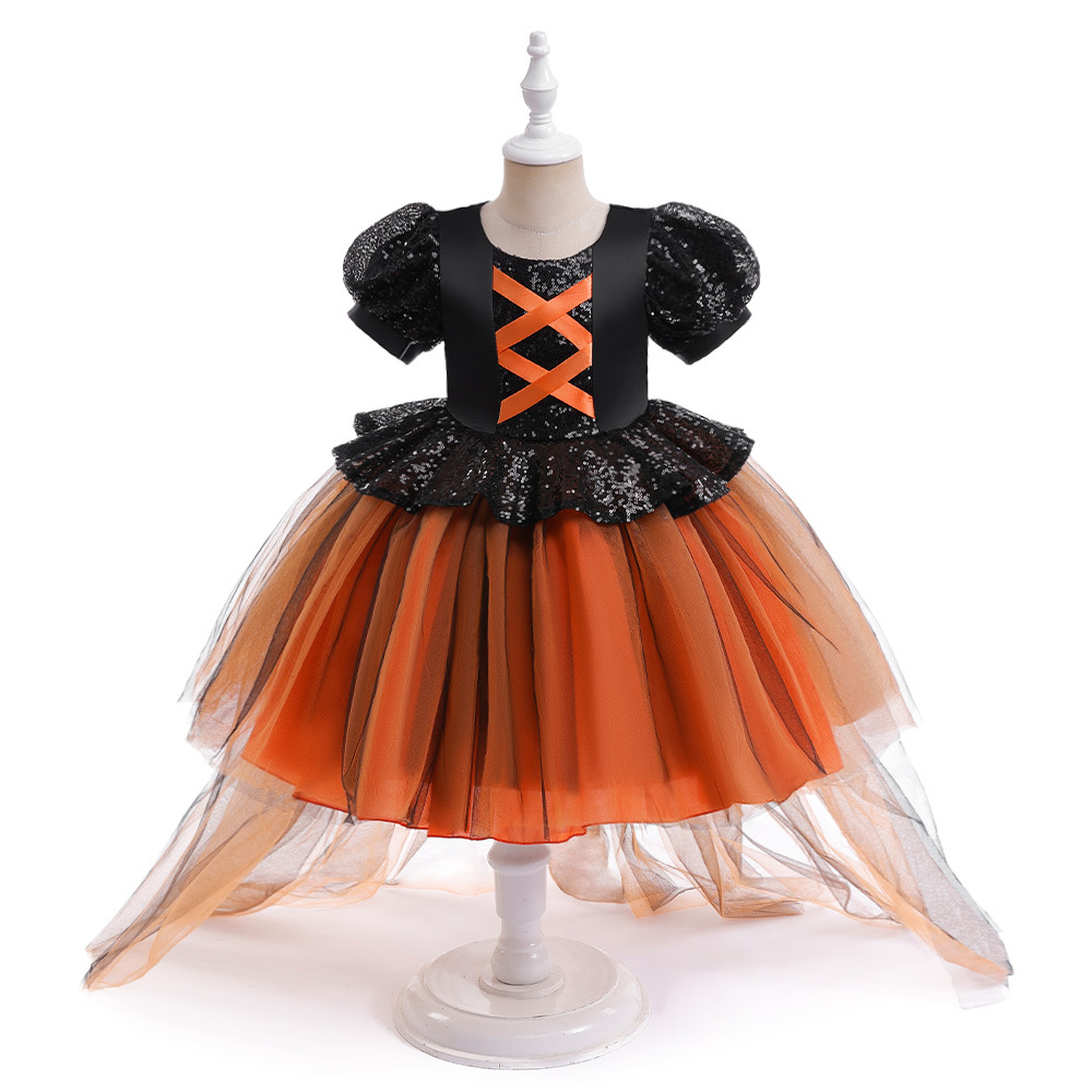 Europa y América nueva fiesta de Halloween Cosplay bruja vestido de los niños puff manga costura malla vestido de cola