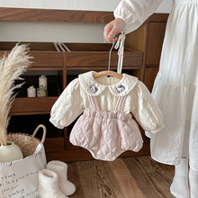 点兮2025秋冬新款婴幼儿背带绗棉哈衣套装女宝加绒加厚保暖两件套