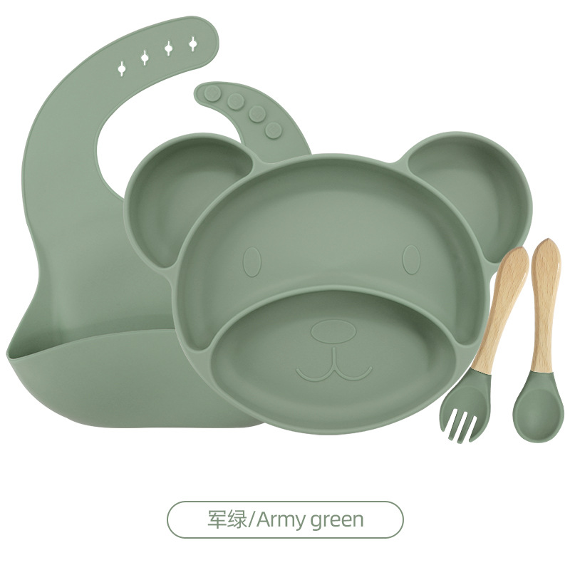 카키 4 피스 세트 (턱받이 + 작은 미키 플레이트 + 나무 포크와 숟가락)